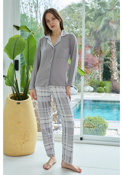 Remsa Kadın Desenli Önü Düğmeli Yumuşak Milan Kumaş Pijama Takımı 250374 Koyu Vizon Koyu Vizon