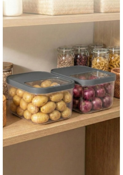 2'li 12 Lt Multibox Füme Kayar Kapaklı Saklama Kabı & Erzak Kabı & Patates Soğan Kovası Beyaz