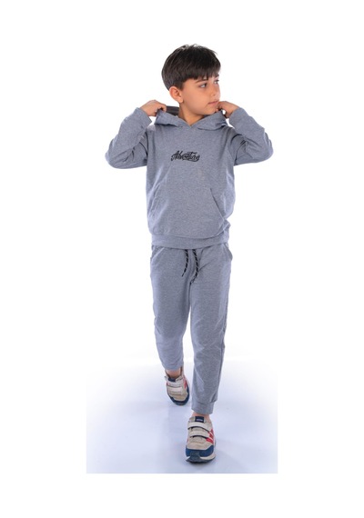Mnk Baby & Kids Adventure Nakış Kanguru Cepli Kapüşonlu Çocuk Eşofman Mnk10072 gri