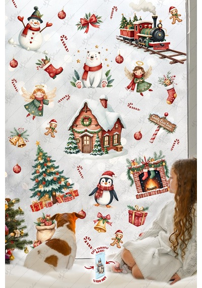 Christmas Yılbaşı Cam Sticker Seti 60+ Parça Çift Taraflı Baskı, Suya Dayanıklı, Kar Tanesi & Noel Dekoru Dijital Baskı