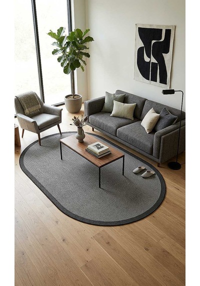 Natura Sisal Hasır Görünümlü Çerçeveli Oval Halı Ntr20 Siyah-antrasit