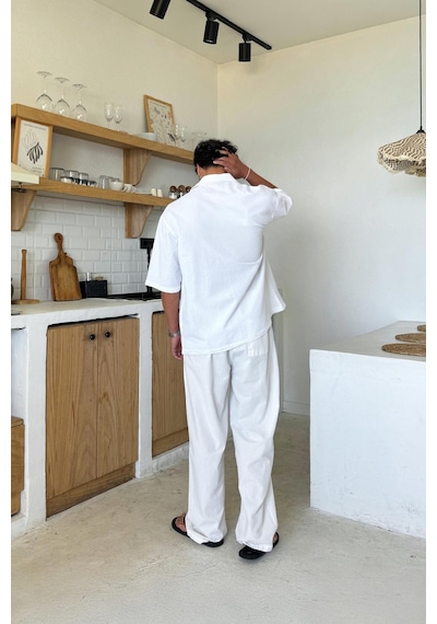 Flaw Basic Oversize Kısa Kol Keten Gömlek Beyaz-26088 Beyaz