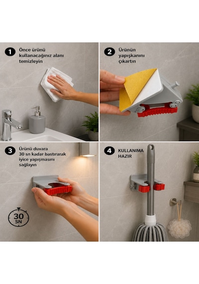 6 Adet Paspas Süpürge Fırça Ve Mop Askısı Sap Tutucu Mutfak Banyo Askı Yapışkanlı Düzenleyici Askılık Gri