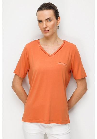 Desen Triko Kadın V Yaka Cebi Saten Şeritli Penye T-shirt 26828 Somon Somon