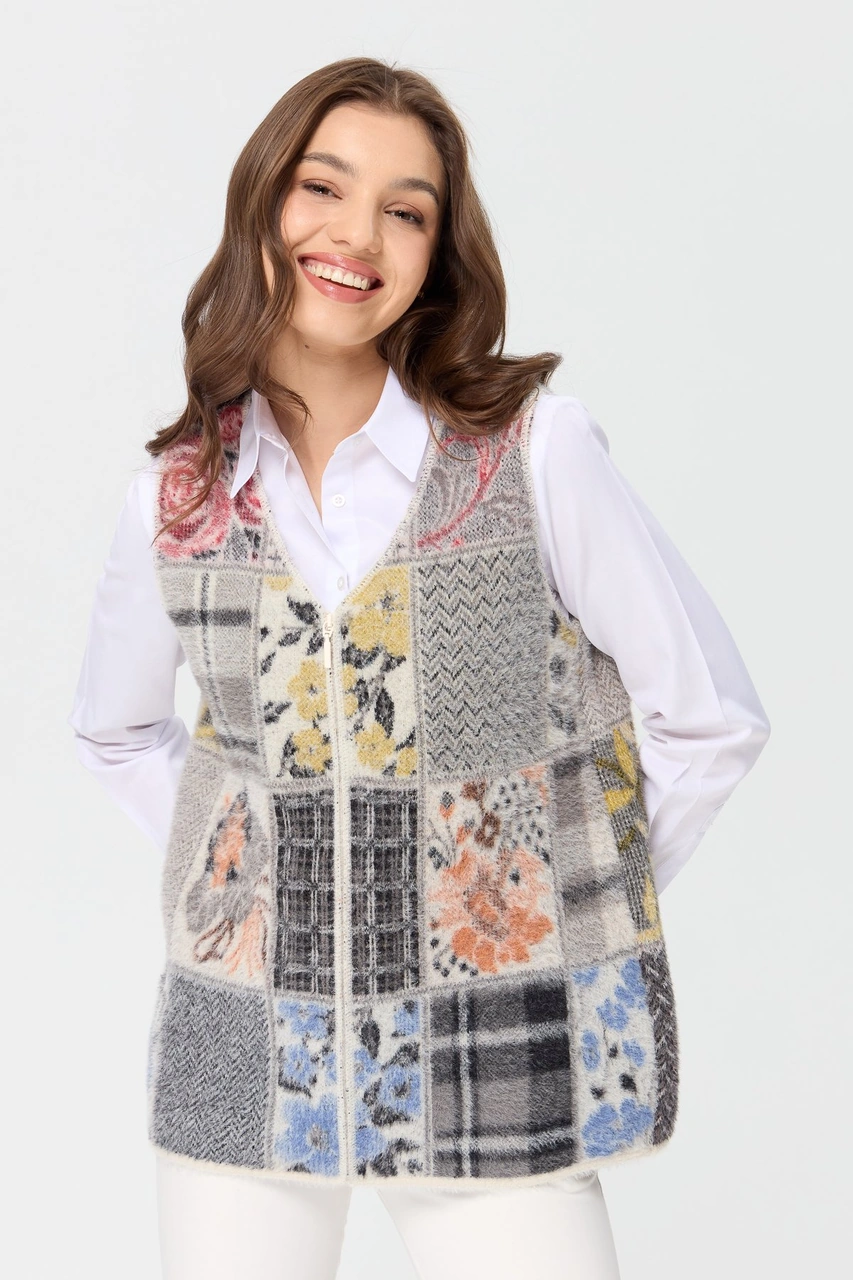 Desen Triko Kadın V Yaka Patchwork Yelek Kemik Kemik