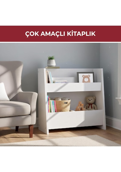 Montessori Ahşap 2 Bölmeli Kitaplık Ve Düzenleyici Eğimli Tasarım, Renkli Yıldız Detaylı Bej - Beyaz
