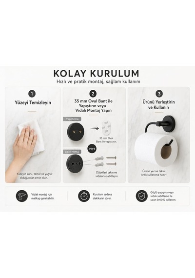 Lotus Siyah Açık Tuvalet Kağıtlığı, Yapışkanlı Ve Vidalı Montajlı Tuvalet Kağıdı Askısı, Mat Siyah Stat Diğer