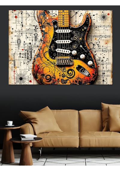 Müzik Notalı Renkli Gitar Dekoratif Kanvas - Mdf Ahşap Tablo