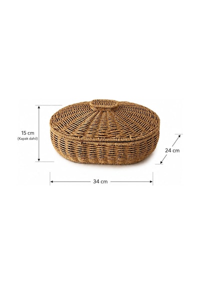 Morponi Kapaklı Oval Bambu Masaüstü Organizer - Banyo Ve Ev Düzenleyici Hasır Kutusu Cos-9217 Sarı
