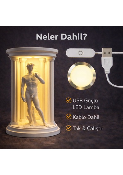 David Heykeli Lamba Led Işıklı Dekoratif Gece Lambası Modern Ev Ofis Masa Lambası Beyaz