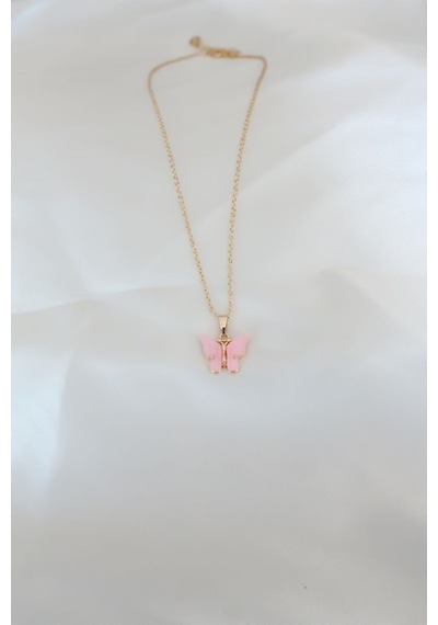 Pembe Sedefli Kelebek Kolye Gold Renk Renkli