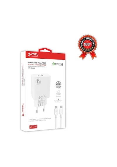 45w Turbo Type-c Ve Usb Çift Girişli Ev Şarj Cihazı Qc 4.0 Mt-a1752