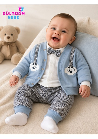 Agucuk Baby Köpek Askılı Erkek 3 Lü Ceketli Takım 3-9 Aylık -ba433532284 - Mavi