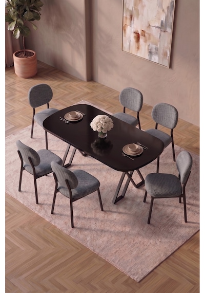 Hooli 90x168 Siyah Mdf Masa, Metal X Ayak, Metal Sandalye, 6 Kişilik Mutfak Masası Takımı Ve Yemek Masası Takımı Gri Hooli 90x168 Siyah Mdf Masa, Metal X Ayak, Metal Sandalye, 6 Kişilik Mutfak Masası Takımı Ve Yemek Masası Takımı Gri