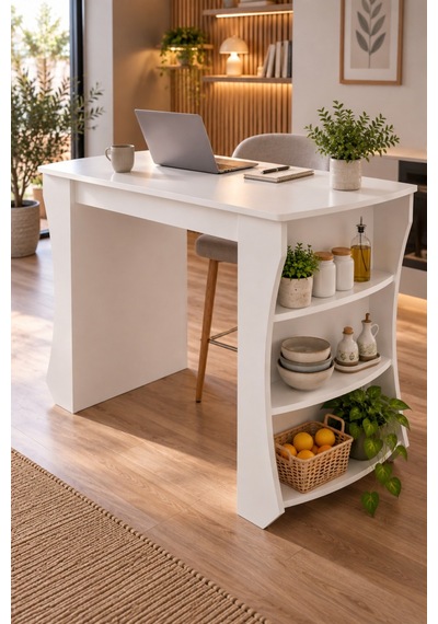 Sulorahome Mutfak Adası Ve Kahvaltı Masası Raflı Beyaz Masa 120x60 Cm