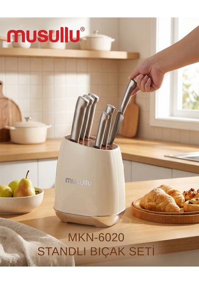 Musullu Mkn-6020 Standlı Bıçak Seti Krem - Gümüş