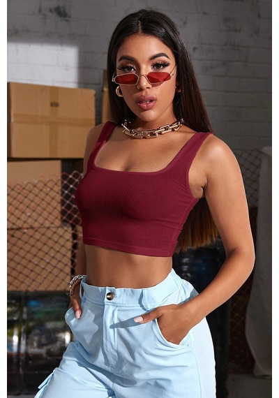 Kapsulavm Kadın Bordo Kalın Askılı Crop Top Büstiyer