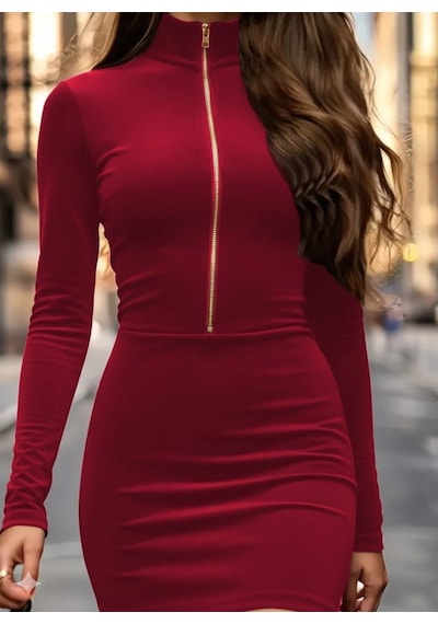 Efnaz Style Kadın Uzun Kollu Balıkçı Yaka Yakadan Göğüse Kadar Fermuar Detaylı Mini Kadife Elbise Kırmızı