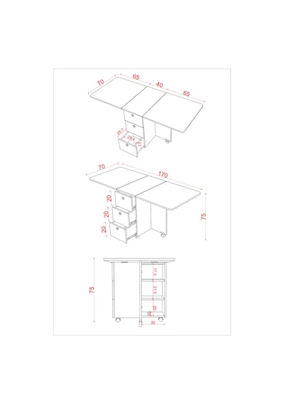 Lüks Katlanır Mutfak Yemek Masası %100 Mdf Pratik Çekmeceli Çalışma Masası Km100 Beyaz
