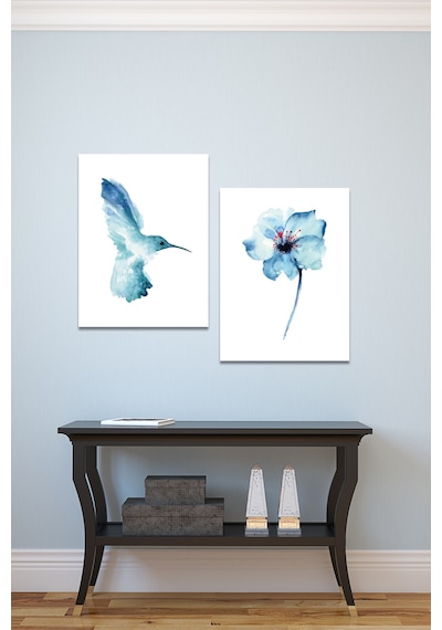 Suluboya Efektli Mavi Kuş ve Çiçek Sanatsal Kanvas Tablo  35 x 50