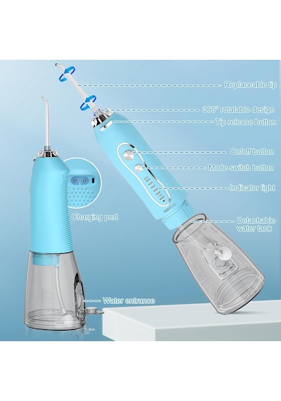 Şarjlı Kablosuz Ağız Duşu, Hızlı Ve Etkili Diş Arası Temizliği 300 Ml Su Hazneli, 5 Modlu, 6 Başlıklı, Ipx7 Su Geçirmez, Diş Taşı Temizliği Gök Mavi