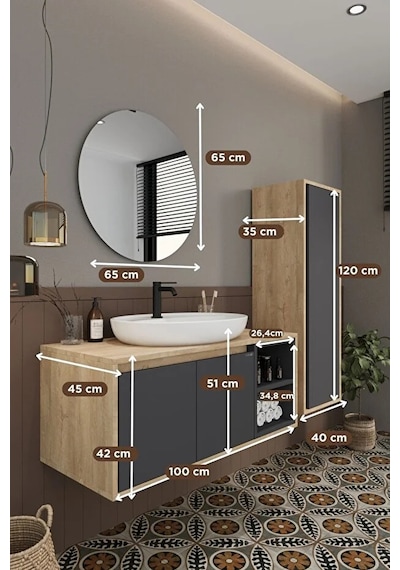 Gül 100 Cm %100 Mdf Lavabolu Banyo Dolabı Ayna Alt Dolap Lavabo Boy Dolabı Antrasit