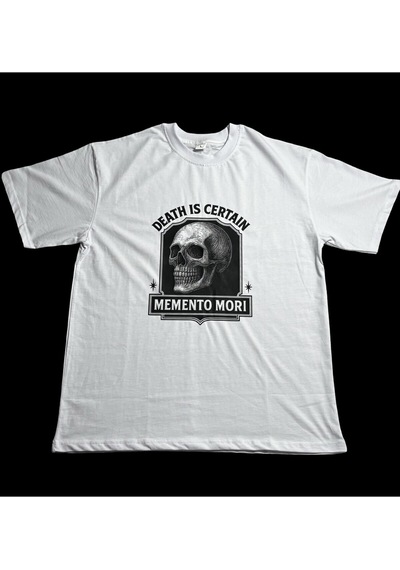 Dark Line Memento Mori Sırt Baskılı %100 Pamuk Unisex Beyaz Oversize T-shirt Beyaz