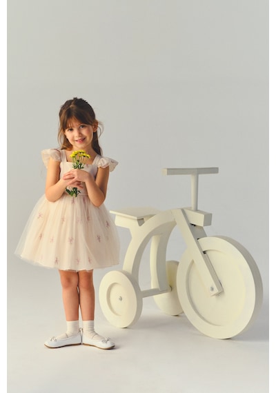 Panço Kız Bebek / Çocuk Çiçek Desenli Tül Ekru Abiye Elbise 2611gb94021 Krem