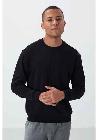 Tommy Life Siyah Kompakt Pamuklu Kalın Pürüzsüz Dokulu O Yaka Standart Fit Erkek Sweatshirt -88405 Siyah