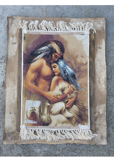 Siyular Kızılderili Aşıklar Adlı İran Tebriz Halı Tablo 95x75cm - Duvar Halı Kilim Tablo Model 2