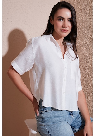 Lela Regular Fit Göğüs Cepli Kısa Kollu Bayan Gömlek 6779324 Beyaz