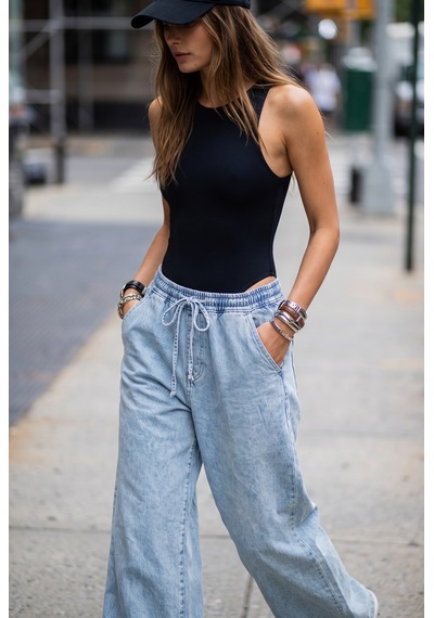 Kadın Yeni Sezon, Açık Mavi, Beli Lastikli, Bağcıklı, Cepli, Bol Paça, Palazzo Denim Jeans Kot Pantolon - Tesettü