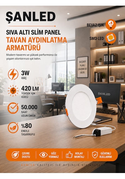 Şanled 3w Tasarruflu Led Yuvarlak Beyaz Işık Sıva Altı Slim Panel 6 Adet