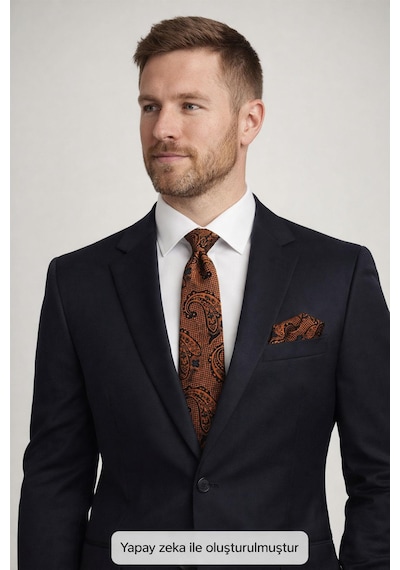 Gaffy Açık Kahverengi Şal Desenli Siyah Dokuma Kumaş Mendilli Slim Fit Kravat // Sdk-2606-1 Siyah