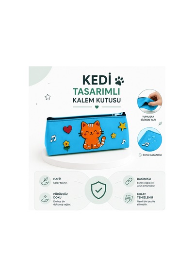 Kedi Tasarımlı PVC Kalem Kutusu – Dayanıklı Silikon Yapı, Çocuklar için Şık ve Pratik Okul Kalemlik Mavi