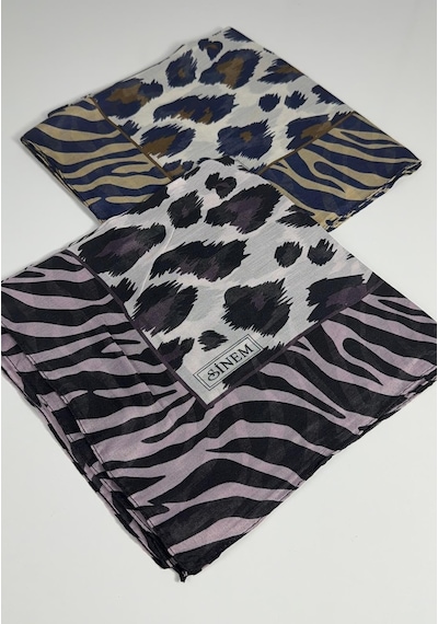 Sinem İndia Leopar Desen 2'li Eşarp -6294 Mor-lacivert