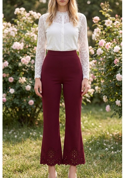 Soulshae Lazer Kesim Detaylı Yüksek Bel Krep Pantolon Bordo