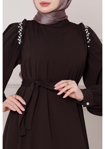 Sevitli Omuzu Taş Detaylı Rose Elbise-kahverengi-4774 Kahverengi