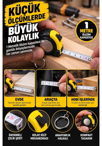 Mini Metre Anahtarlık 1 Metre Şerit Metre Kompakt Cep Tipi Ölçüm Aparatı