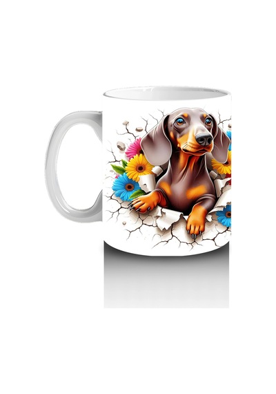 Renkli Çiçeklerle Süslenmiş Çatlak Zeminde Dachshund Köpek - Baskılı Kahve Kupası Renkli