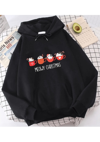 Kedi Tasarımlı Meow Christmas Yeni Yıl Kapşonlu Sweatshirt 001