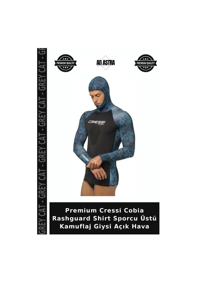 Premium Cressi Cobia Rashguard Shirt Sporcu Üstü Kamuflaj Giysi Açık Hava Blue Camo