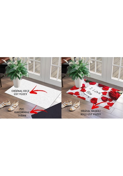 Kırmızı Çiçek Tasarım Kapı Önü Ve Ev Içi Paspas 45X75 Cm