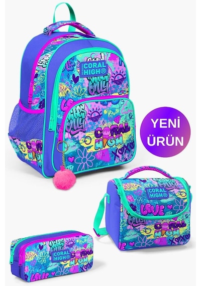 Lavanta Su Yeşili Grafiti Desenli Coral High Kids 3'lü Okul Çanta Seti Goset0114414