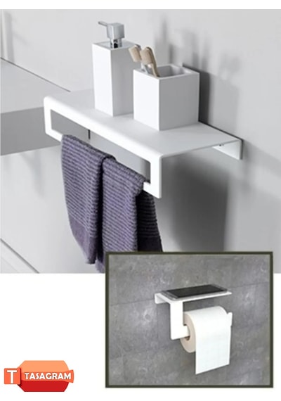 Tasagram Metal Banyo Havlu Askılığı Ve Tuvalet Kağıdı Askılığı 2'li Set Beyaz