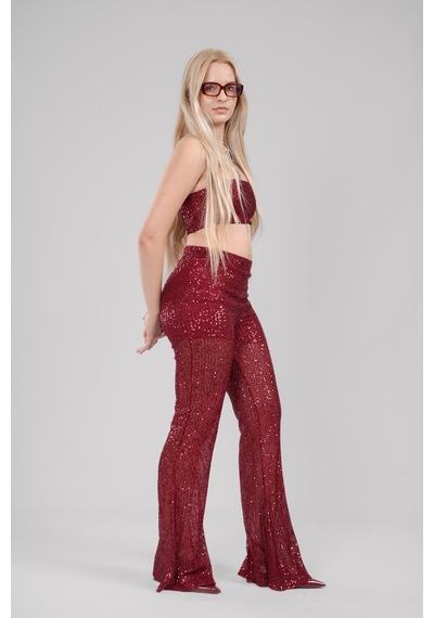 Mayrem Pul Payet Straplez Crop & İspanyol Paça Set Takım Bordo