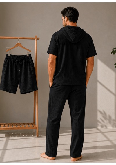 Erkek Müslin Kapşonlu 3'set Gömlek-şort-pantalon Siyah