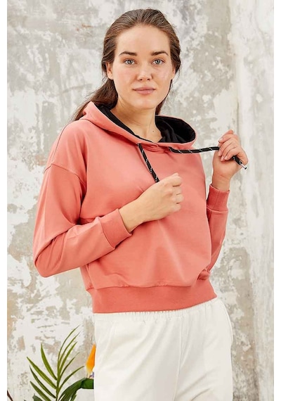 Tommy Life Pudra Uzun Kol Rahat Form Kapüşonlu Kadın Sweatshirt - 97115 Pudra