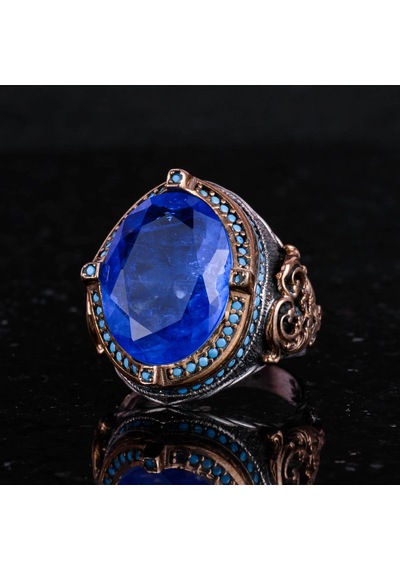 925 Ayar Gümüş Erkek Yüzük, Yapay Taşlı, El Yapımı Vintage Tasarım İfade Yüzüğü Yapay Mavi Paraiba Gümüş