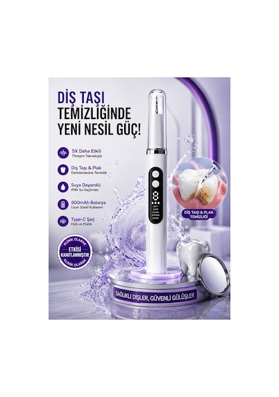 Diş Etitemizleme 500mah Bataryalı, 5x Temizleme Modlu Ultrasonik Akıllı Diş Temizleme Cihazı